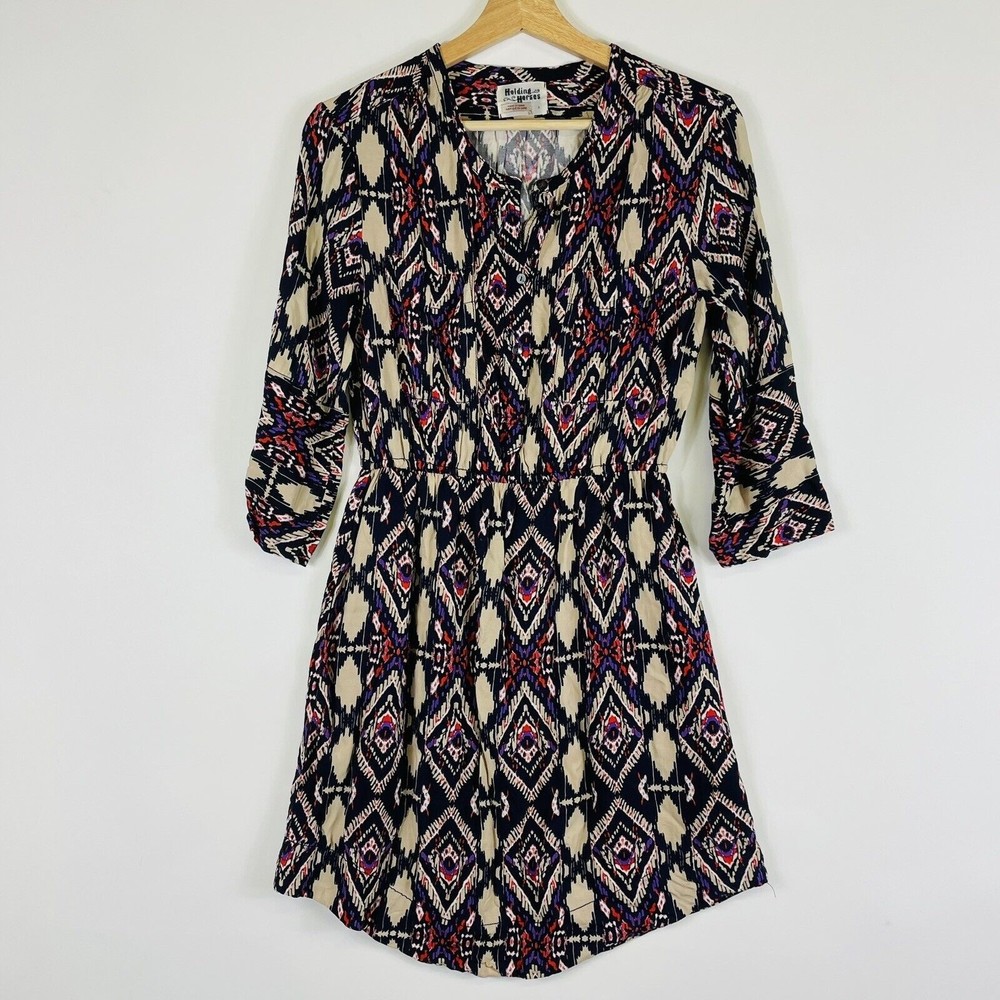 Holding Horses Mini Dress Womens 2 Navy Ikat Geometric Roll Tab Boho Western